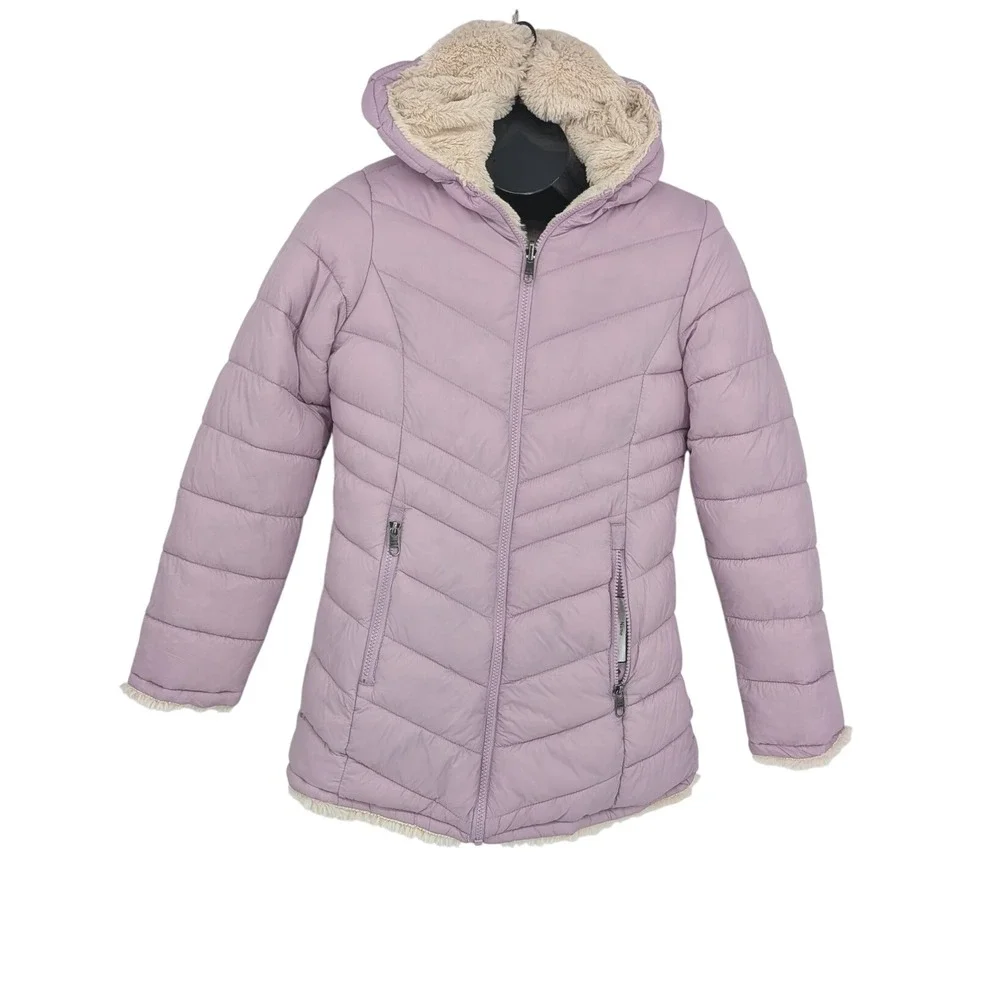 Steven Madden Reversible Puffer Jacket Lavender Faux Fur Hood Cozy Girls 14/16